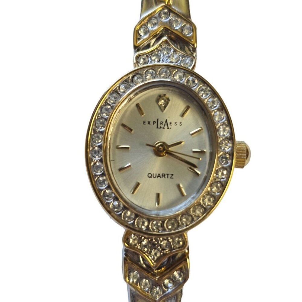 LA Express LA1347 Quartz Vintage Ladies Watch Gold & Silver Rhinestone Accents